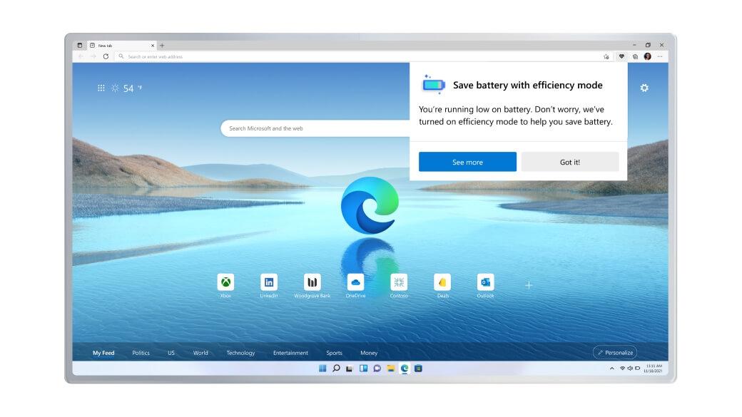 Экран браузера Microsoft Edge с функцией режима экономии заряда батареи