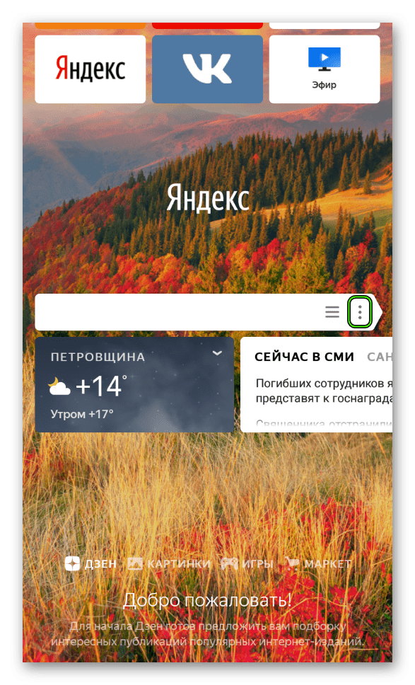 Иконка для вызова меню на начальной странице Яндекс.Браузера для Android