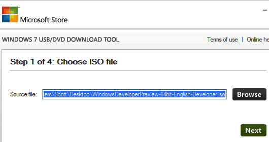 создание загрузочной флешки с помощью Windows 7 USBDVD Download Tool