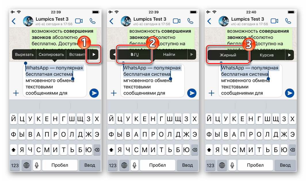 WhatsApp для iOS применение жирного шрифта к фрагменту текста в сообщении, с помощью контекстного меню